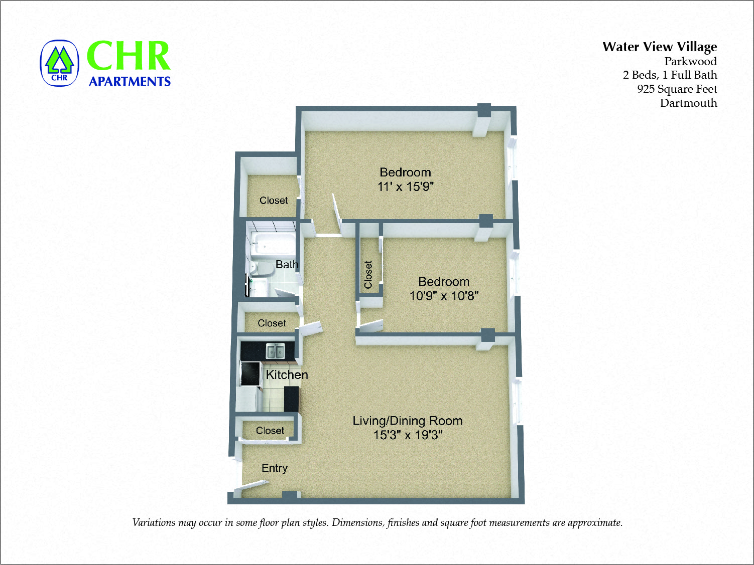 Floor plan for 2 beds, 1 bath, 925 sqft